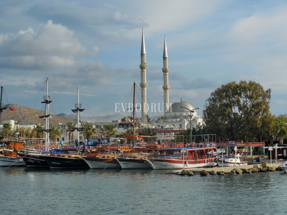 Turgutreis marina: moored gulets with the twin-minaret mosque behind