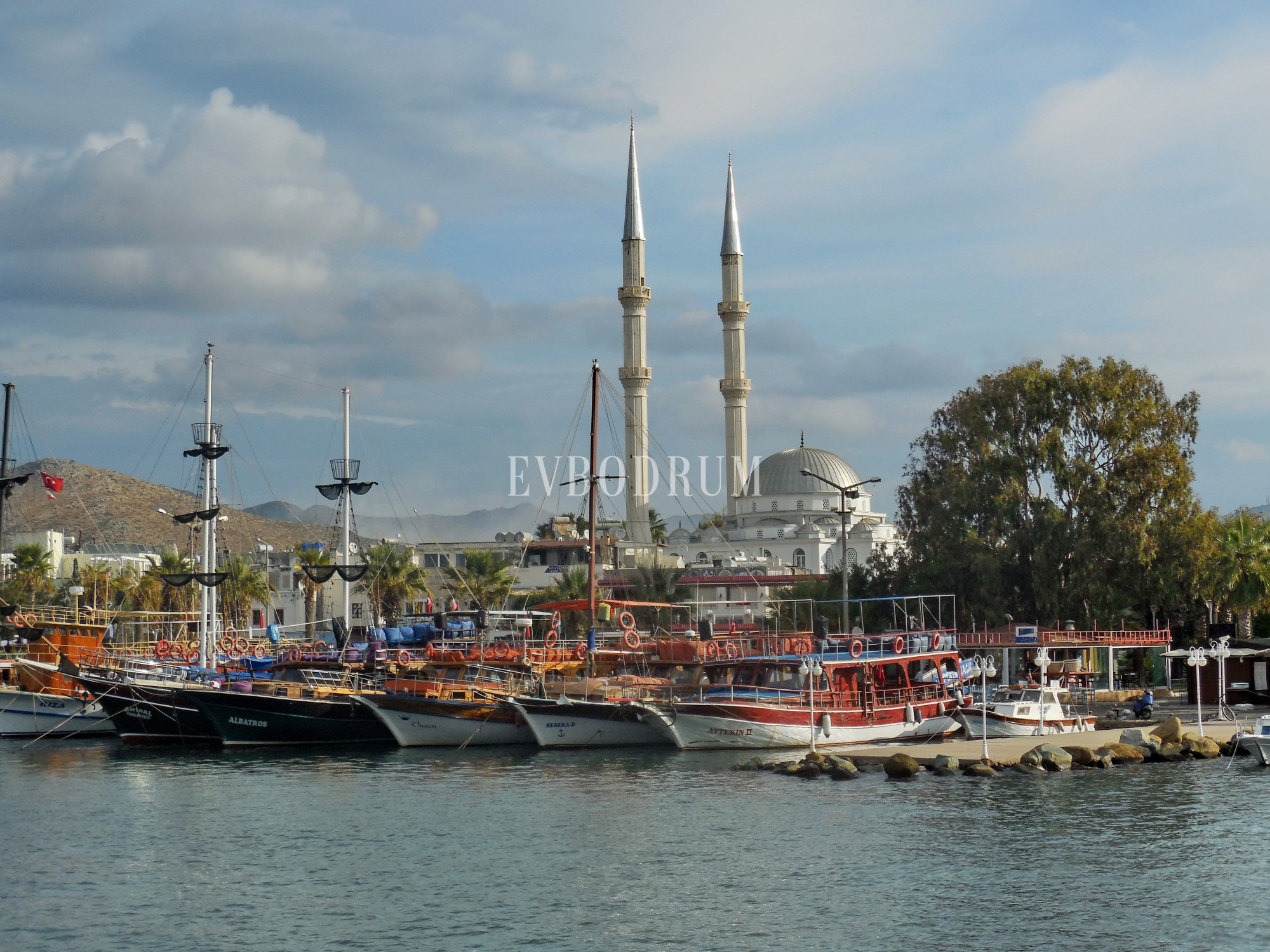 Turgutreis marinası: demirli guletler ve arkada ikiz minareli cami