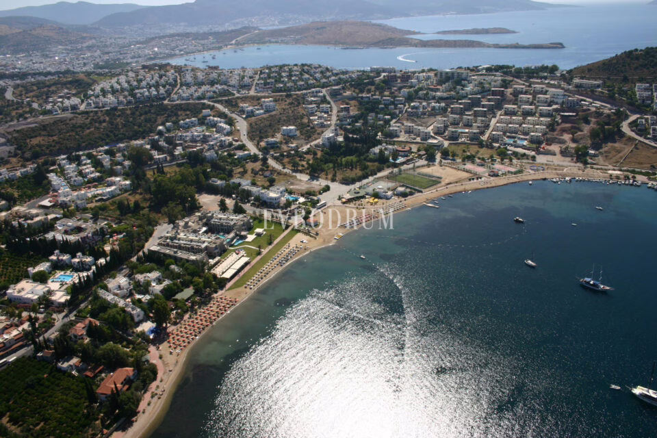 Bitez bay from above: sandy beach, white houses and olive groves