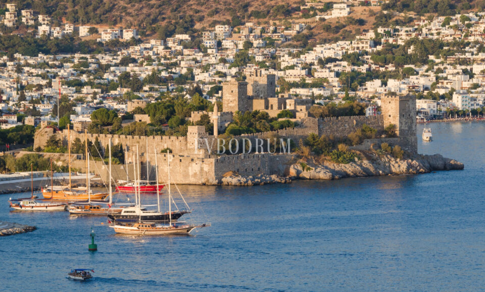 Bodrum Castle with gulets around it and the white town on the slope